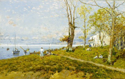 Paisaje con casa y barcos